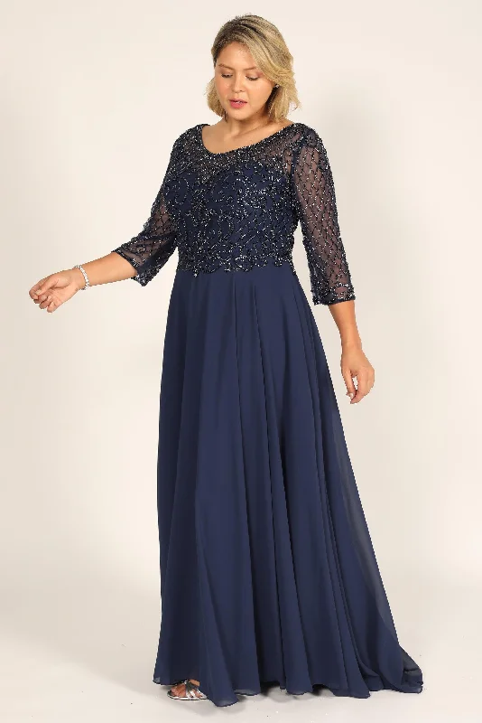 Long Sleeve Hand Beaded Mother of The Bride Dress NavyTightbudget