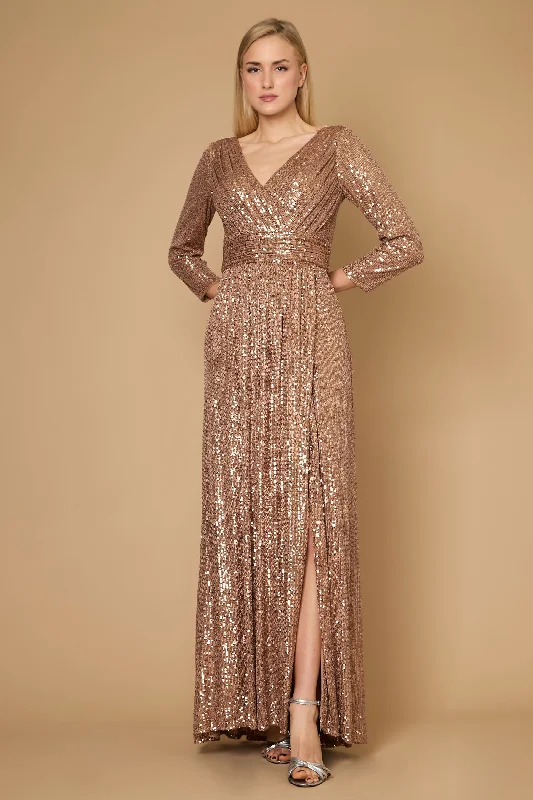 Long Sleeve Sequin Formal Hand Beaded Dress BronzeTightgarter