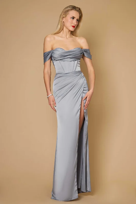 Long Formal Corset Satin Evening Dress SilverTightly