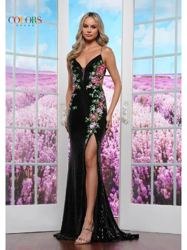 Colors 3576 Formal Floral Sequin Long Prom DressTightskirt