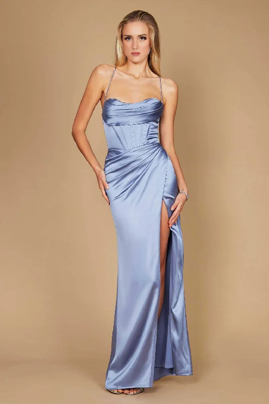 Draped Corset Cowl Long Prom Dress Periwinkle BlueTighten