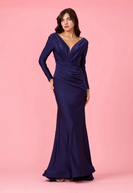 Long Sleeve Formal Fitted Evening Dress NavyTightgroove