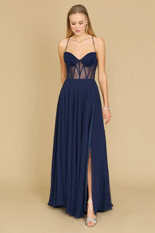 Long Chiffon Corset Formal Prom Dress NavyTightcorner