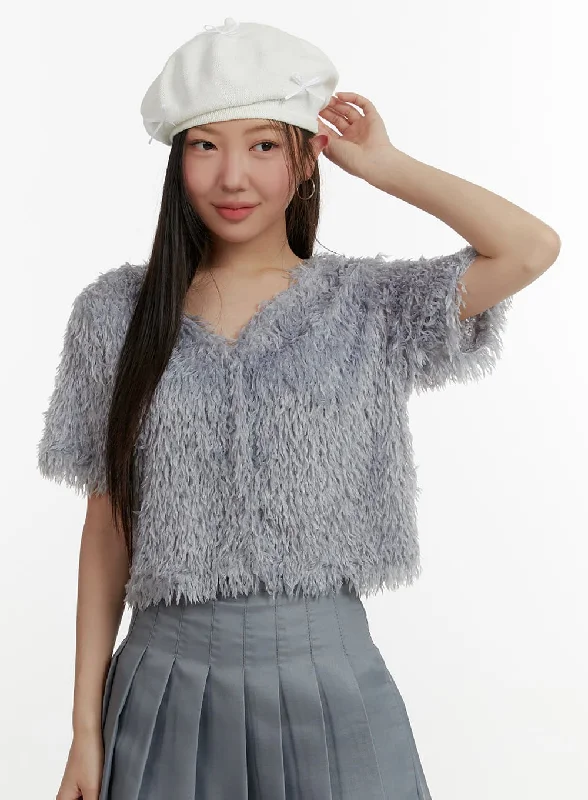 Faux Fur V-Neck Cardigan OY413Fleece cardigan