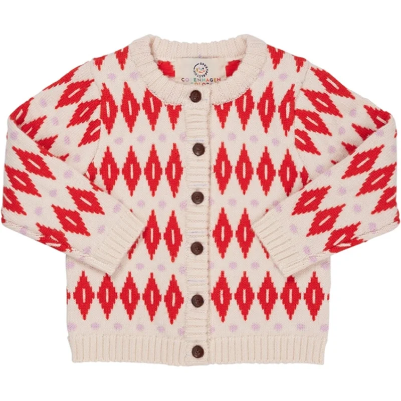 Copenhagen Colors Cream Red Combi Harlequin Merino Classic CardiganDesigner cardigan