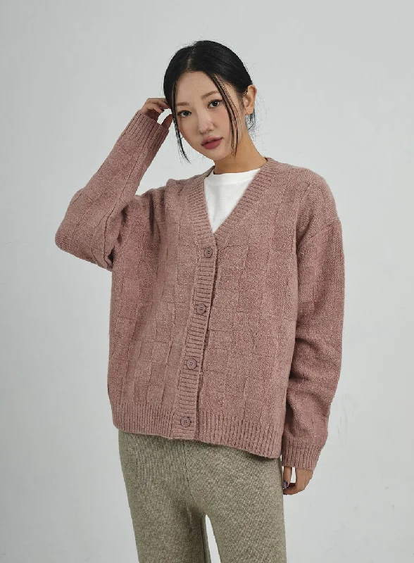 Check Pattern V-Neck Knit Cardigan CD09Smart cardigan