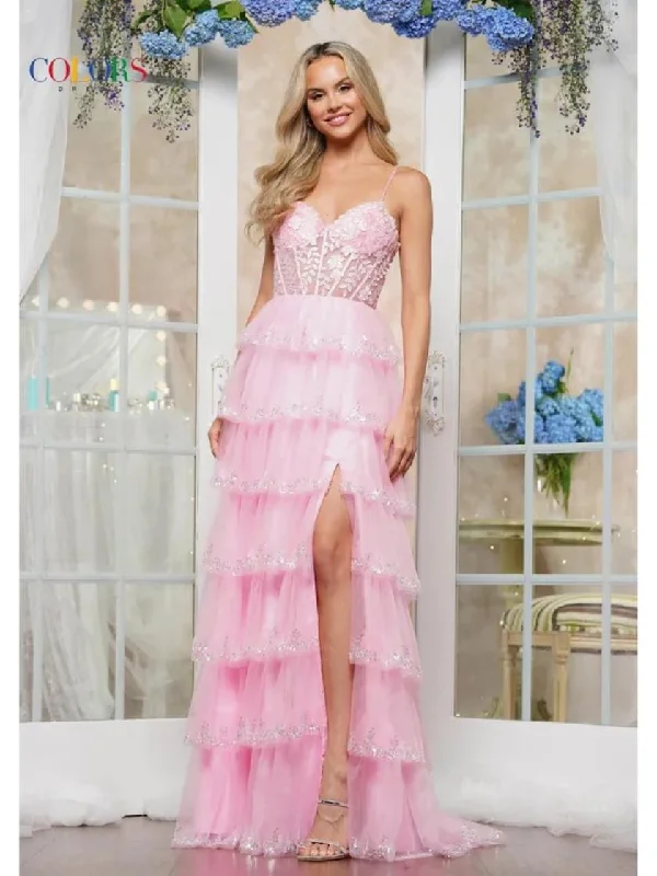 Colors 3635 Long Formal Fitted Ruffle Prom DressTightsleeve