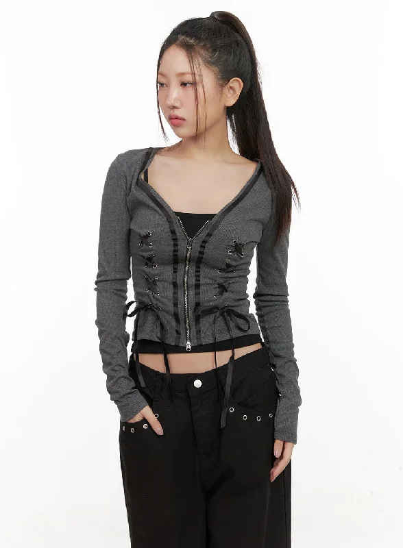 Eyelet Lace-Up Long Sleeve Cardigan CD416Sheer cardigan