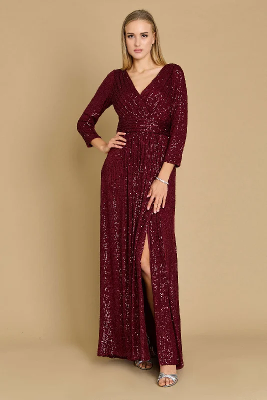 Long Sleeve Sequin Formal Hand Beaded Dress BurgundyTightbuckle