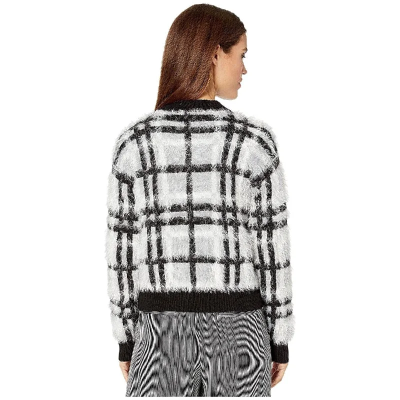 1.STATE Women's Zip Front Plaid Eyelash Sweater Gray Size X-LargeLayered Knit Tops