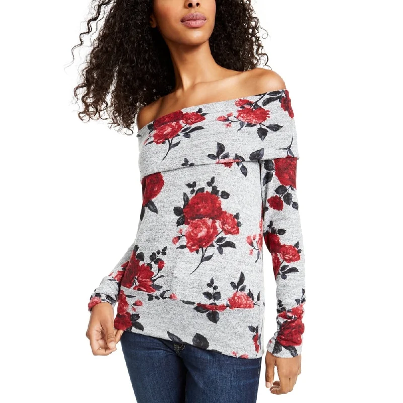 Bcx Juniors' Off-The-Shoulder Rose Print Sweater Grey/Flowers Size X-SmallCollaborative Knit Tops