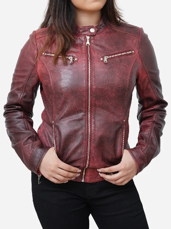 Camila Fitted Style Distressed Maroon Leather Biker JacketBomber Jackets