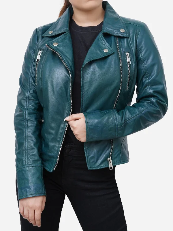 Gabriella Vintage Style Green Leather Biker JacketPocketed Jackets