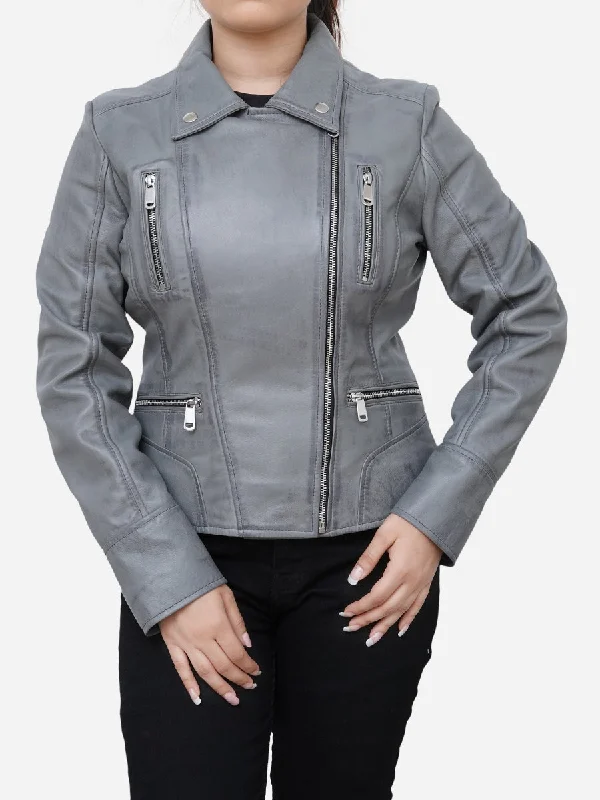 Gianna Real Sheepskin Gray Leather Moto JacketLinen Jackets