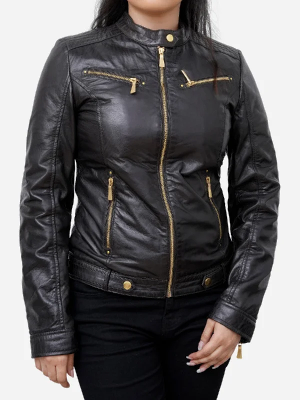 Maya Black Sheepskin Classic Moto Leather JacketOutdoor Jackets