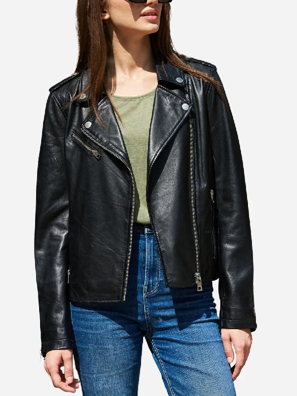 Melinda Genuine Black Leather Biker JacketEmbellished Jackets