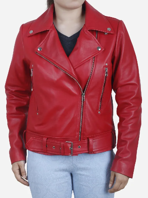 Nancy Women's Red Classic Motorcycle JacketTasseled Jackets