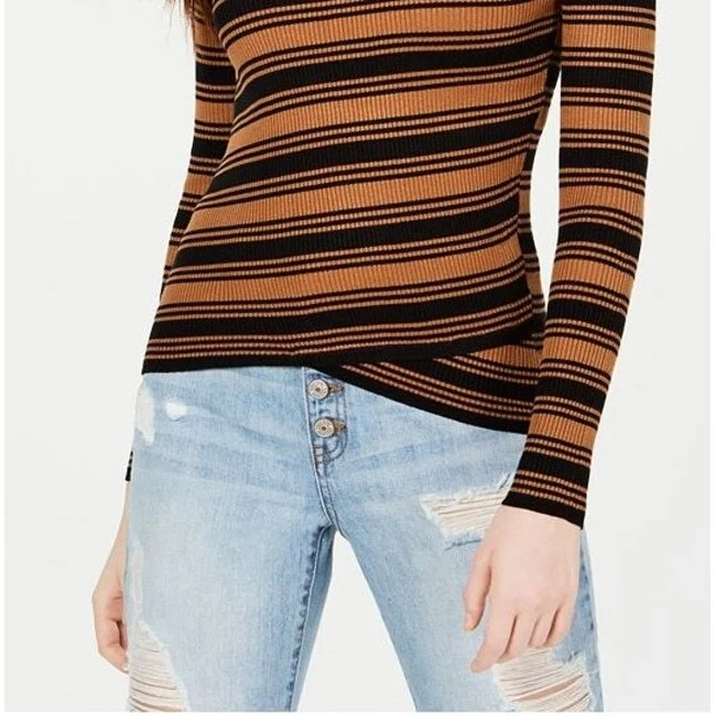 Say What Junior's Striped Crossover Hem Mock Neck Sweater Stripe Black Size X-LargeCultural Knit Tops