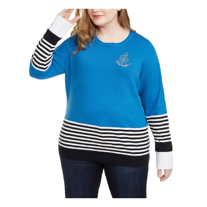 Tommy Hilfiger Women's Color Block Long Sleeve Crew Neck Sweater Blue Size 0XFestival Knit Tops