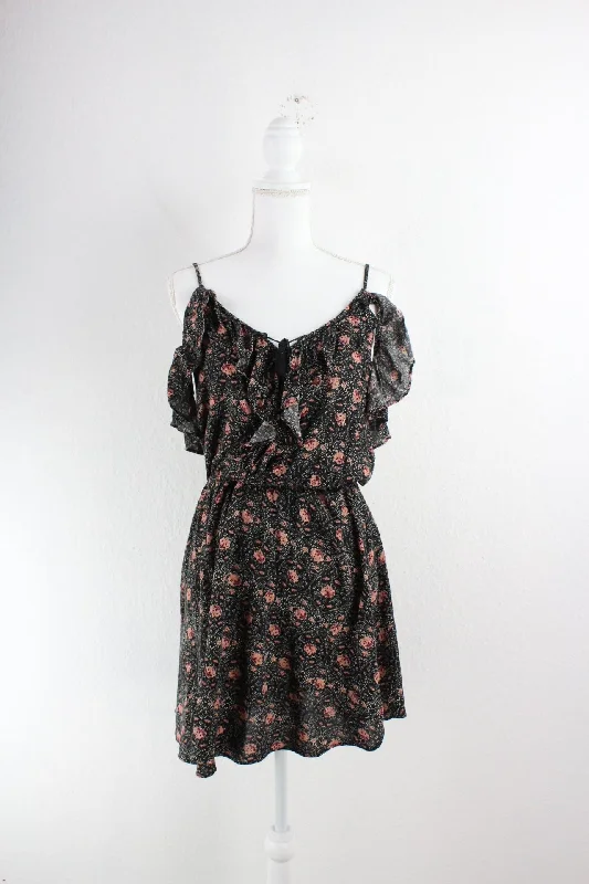 Vintage Black Flower Dress (S)Recycled Fabric Knit Tops