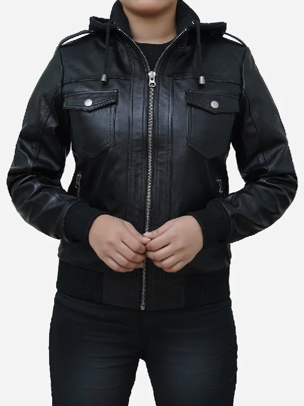 Women's Black Real Lambskin Leather Hooded JacketFlannel Jackets