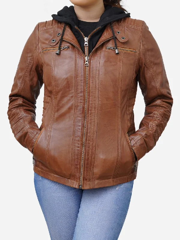 Women's Brown Real Lambskin Hooded Leather JacketTasseled Jackets