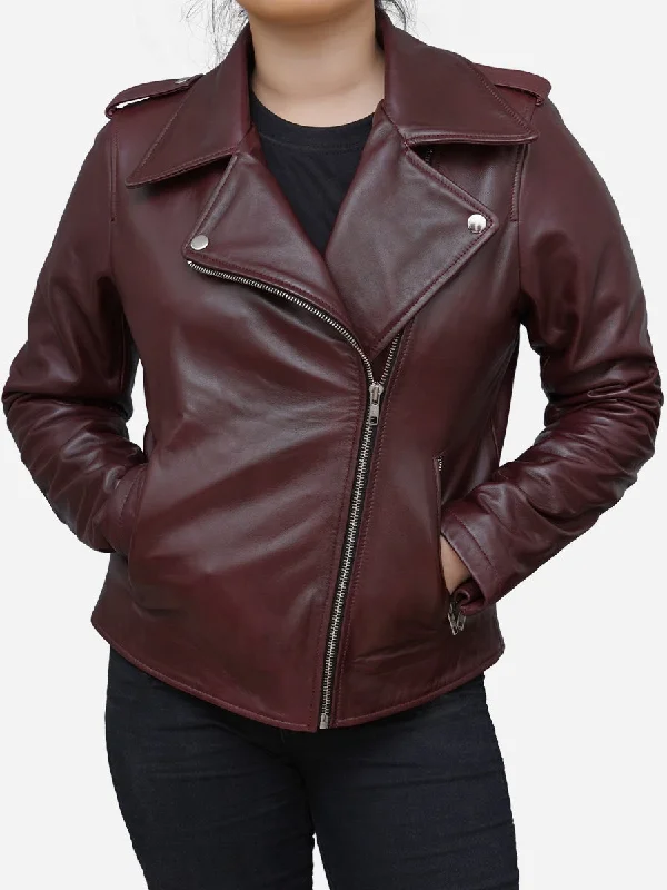 Women's Burgundy Leather Biker JacketFishing Jackets