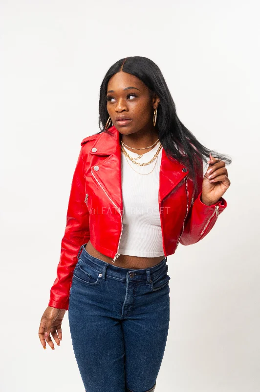 Women's Classic Crop Biker Red [SLIM FIT]Glitter Jackets