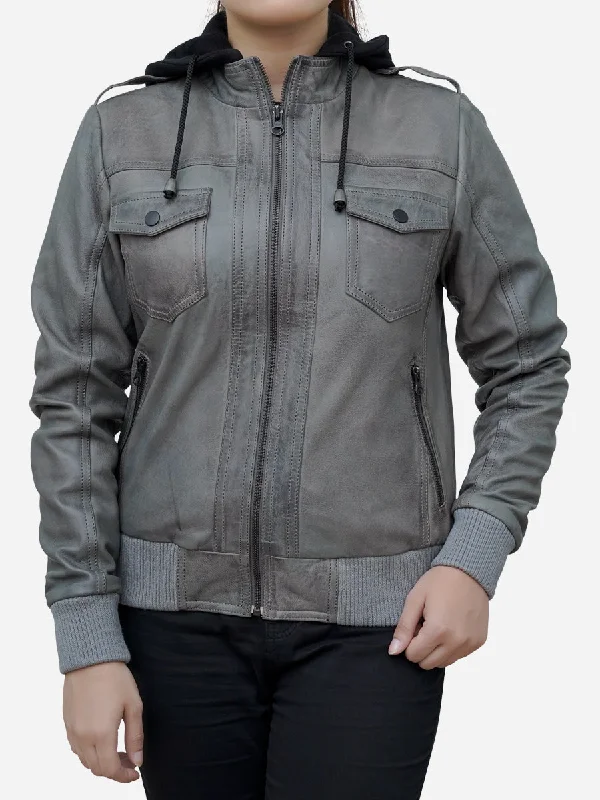 Women’s Cloud Grey Real Lambskin Hooded Leather JacketRainproof Jackets