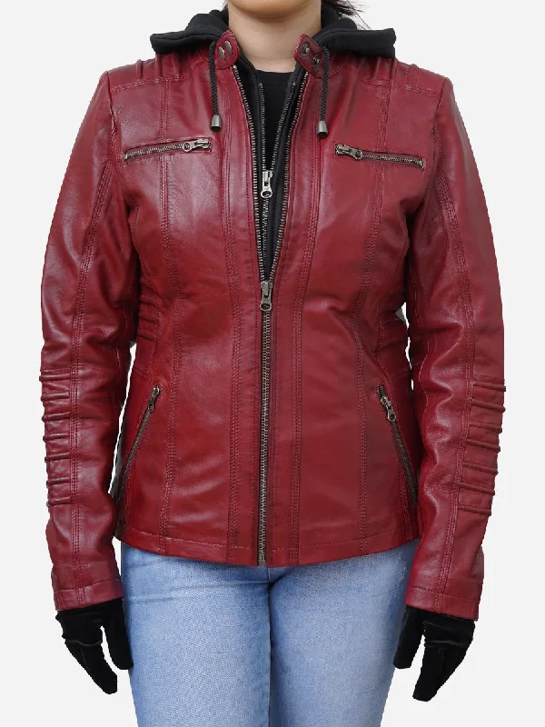 Women's Red Real Lambskin Hooded Leather JacketMotorcycle Jackets