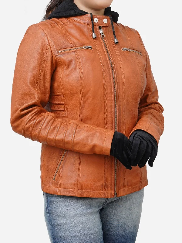 Women's Tan Brown Real Lambskin Hooded Leather JacketStatement Jackets