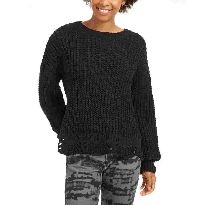 Wynter Women's Pointelle Hem Chenille Sweater Black Size X- SmallRuffled Knit Tops