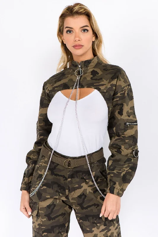 American Bazi Camouflage Cropped Jacket with ChainsCroptopscene