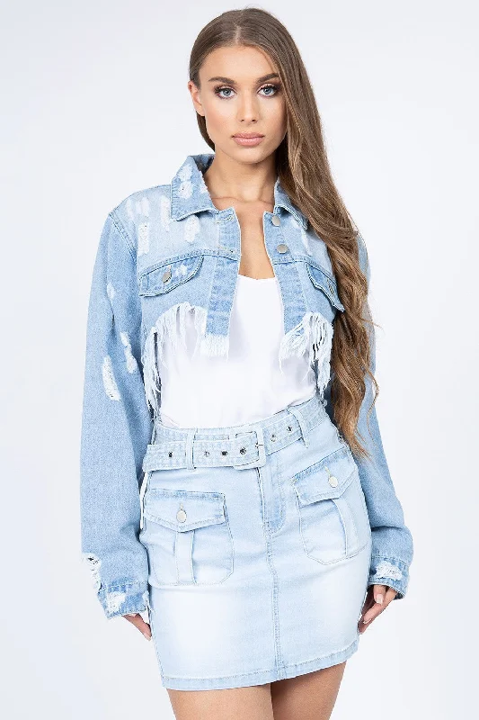 Denim with high heelsAmerican Bazi Distressed Denim Jacket with Frayed Hem