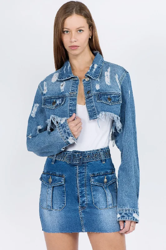 Denim with windbreakerAmerican Bazi Distressed Denim Jacket with Frayed Hem