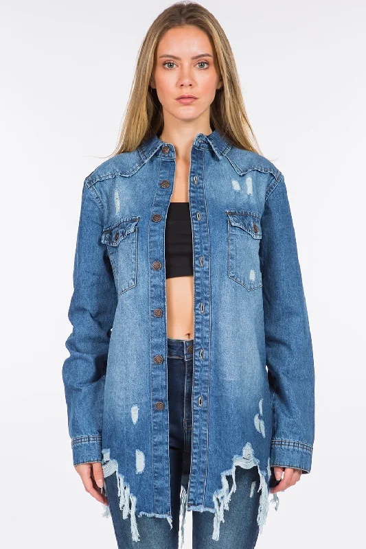 Casual denimAmerican Bazi Distressed Frayed Hem Denim Jacket