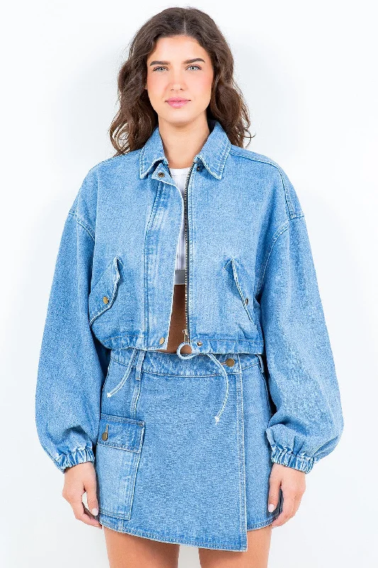 Bohemian denimAmerican Bazi Drawstring Waist Crop Denim Jacket