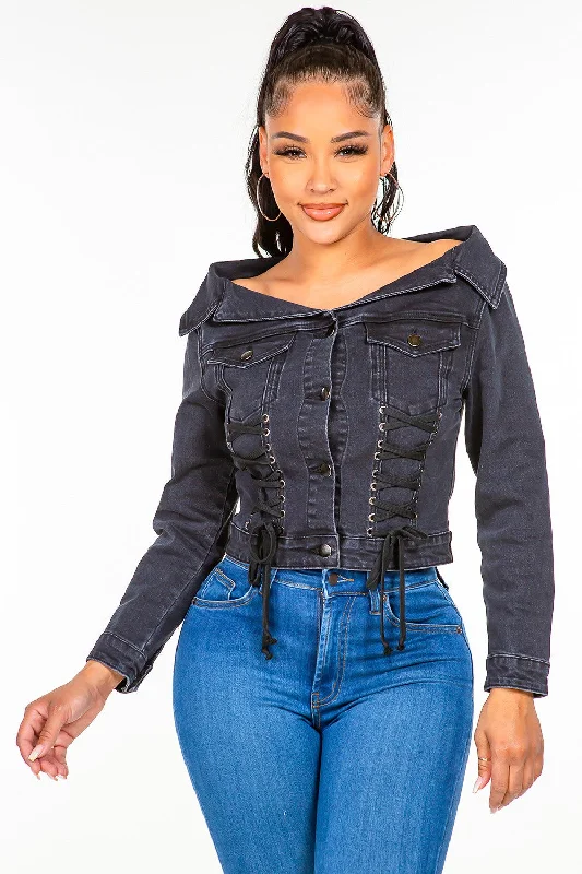 Street denimAmerican Bazi Off Shoulder Lace Up Denim Jacket