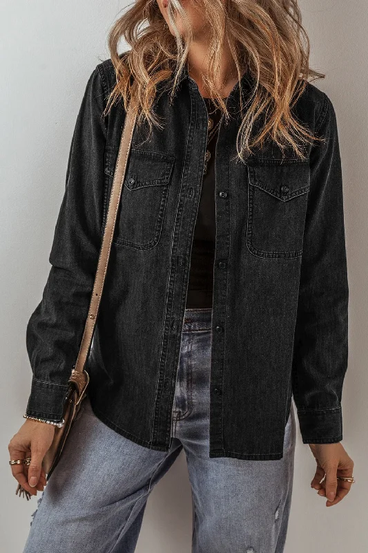 Denim pleatsButton Up Long Sleeve Denim Jacket