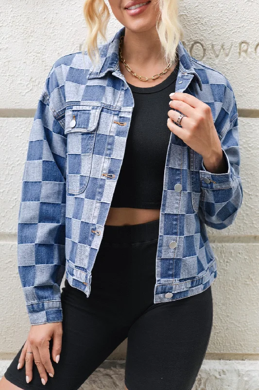 Denim sequinsCheckered Button Up Long Sleeve Denim Jacket