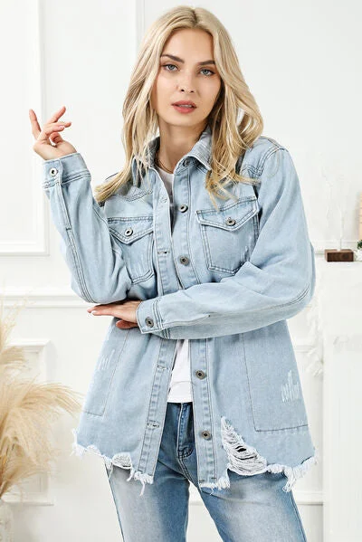 GuessDistressed Button Up Frayed Hem Denim Jacket