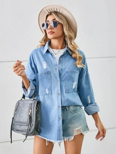 Denim low waistDistressed Raw Hem Dropped Shoulder Denim Jacket