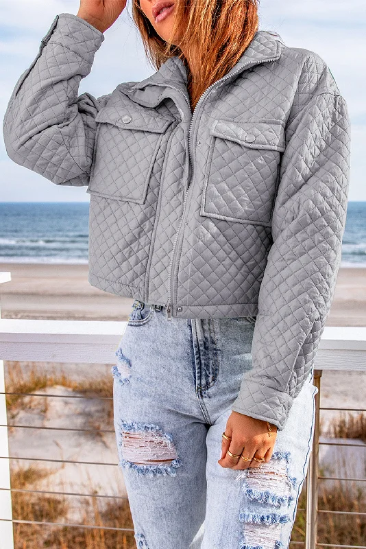 Chic Grey Cropped Jacket with Quilted DesignCroptopsleeve