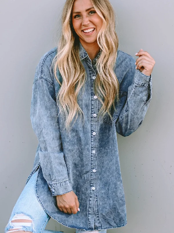 Denim with beltHigh-Low Hem Denim Shirt