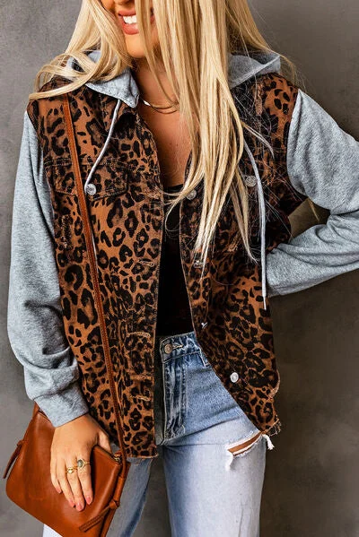 Denim with beltLeopard Distressed Drawstring Hooded Denim Jacket