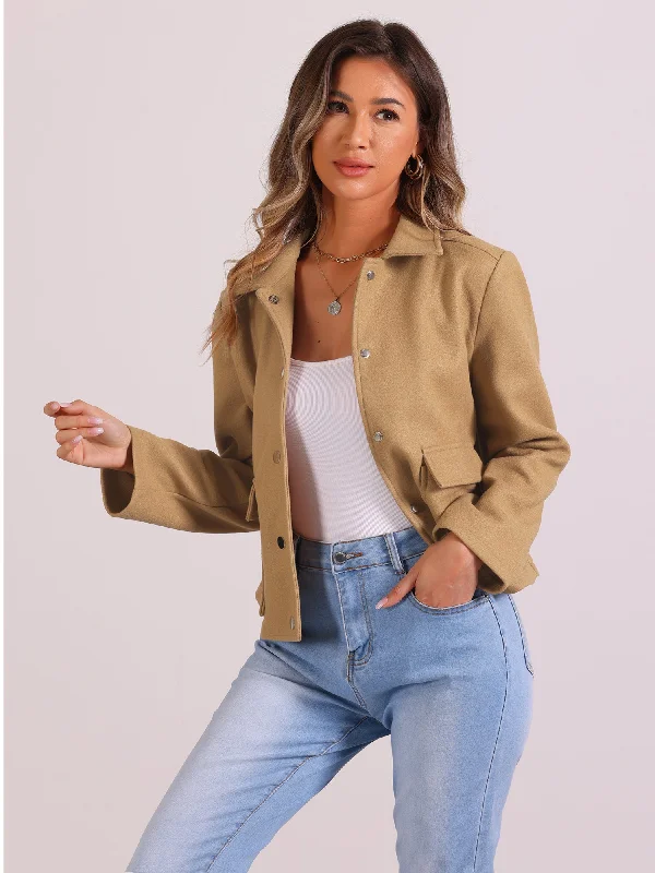 Long Sleeve Button Pocketed Cropped Jacket CoatCroptopsmart