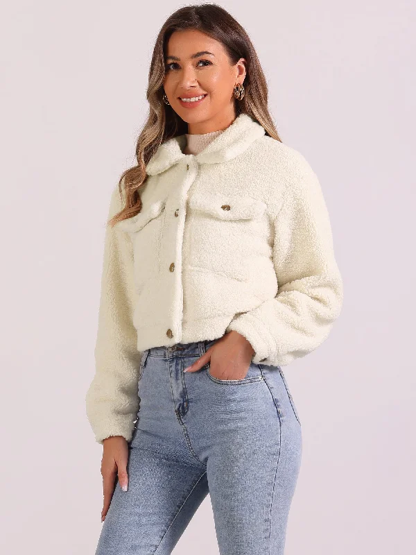 Faux Fur Lapel Button Down Long Sleeve Cropped JacketsCroptopidentity