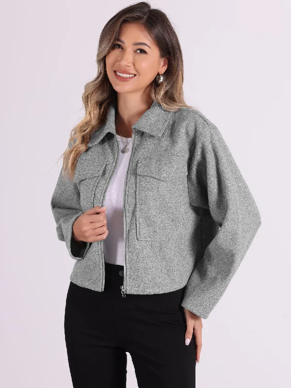 Lapel Collar Pockets Long Sleeve Casual Zipper Cropped JacketCroptopbreathable