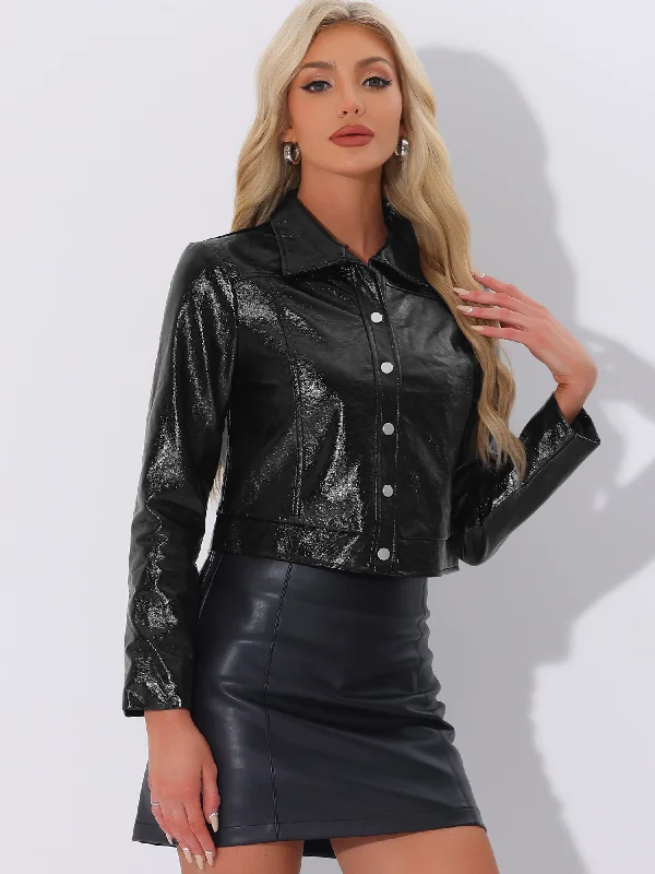 Long Sleeve PU Faux Leather Cropped Moto JacketCroptopvirtual