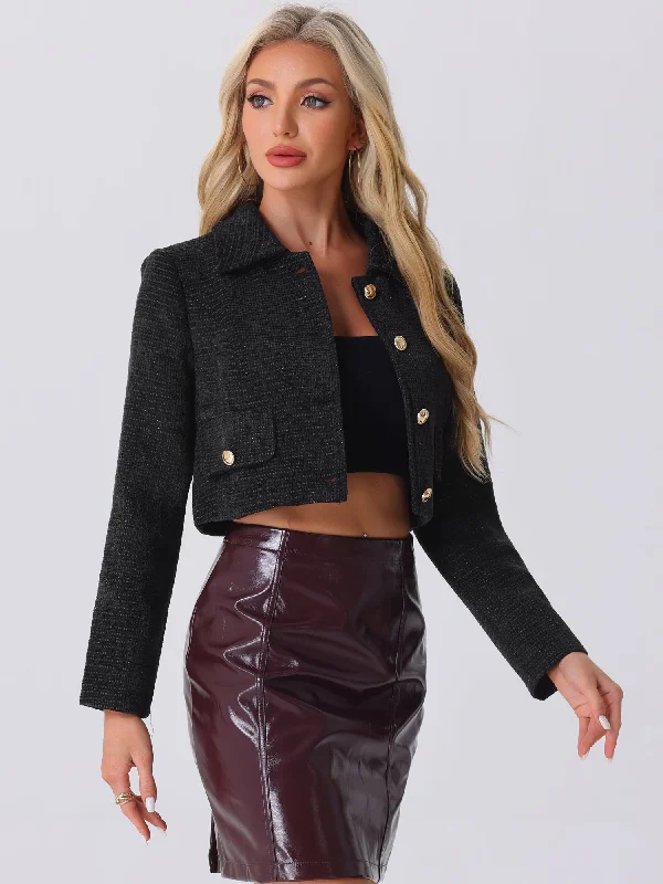 Tweed Collar Long Sleeve Button Down Cropped JacketCroptoptrend